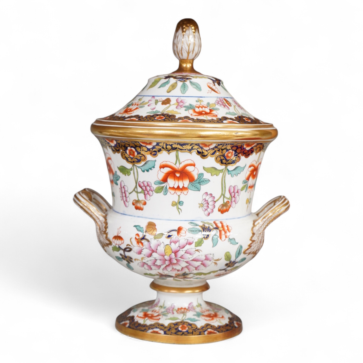 An early 19th century English porcelain campana vase and matched cover, with twin handles, 33cm high
